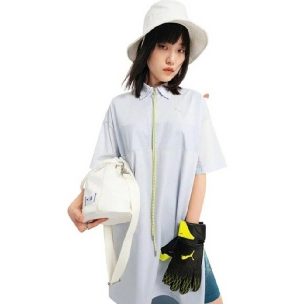 PUMA x Liu Wen Women's Light Blue Oversized Dress Collared Athleisure Active Med - Picture 2 of 12